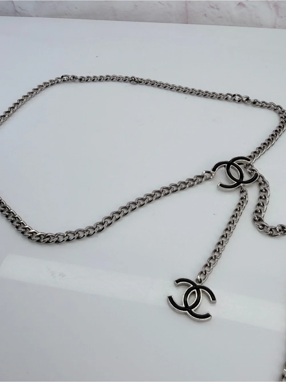 Chanel Vintage A12 Enamel Black Silver Metal Waist Chain Neck Chain